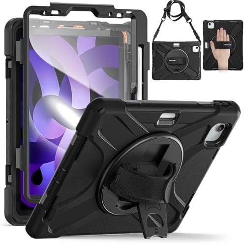 BRAECN für iPad Air 5. / 4. Generarion Hülle 2022/2020 10,9 Zoll, Stoßfeste Robuste Schutzhülle mit Stifthalter, 360° Drehbarer Ständer und Handgurt, Schultergurt für iPad Air 2022/Air 2020, Schwarz