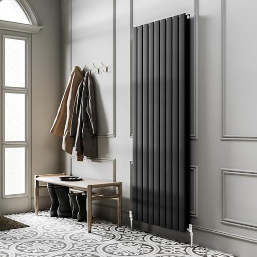 Go Bathrooms Pinta 1200 x 612mm Vertical Radiator Black Flat Panel Double Column Tall Upright Radiator Matt Black Wall Mounted Central Heating Includes Mounting Brackets