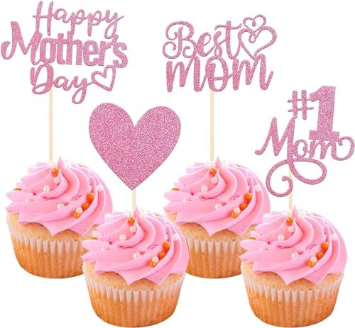 24 Stück Happy Muttertag Cupcake Toppers Glitter Nummer 1 Mutter Liebe Herz Cupcake Picks Beste Mama Kuchen Dekorationen für Frauen Geburtstag Glücklicher Muttertag Thema Party Supplies Rosa