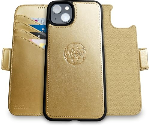 Dreem Vegane Leder Magnetische Abnehmbare Brieftaschenhülle für iPhone 15 | Neuartig vert/horiz Handyhalter, RFID-blockierende Kartenhülle, Kompatibel mit MagSafe, Geschenkbox [Fibonacci: Gold]