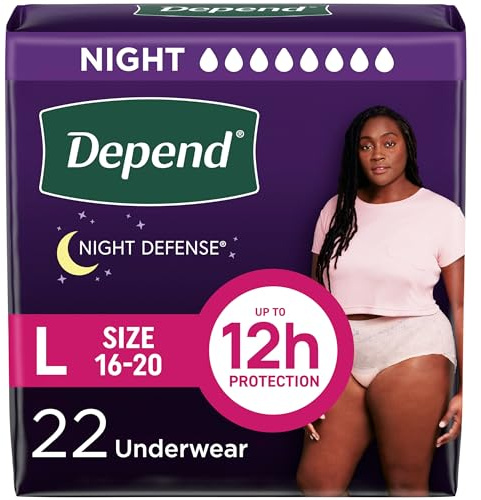 Depend Night Defense Adult Diapers, Incontinence & Postpartum Bladder Leak Underwear for Women, Disposable, Overnight, Large, Blush, 22 Count, Packaging May Vary