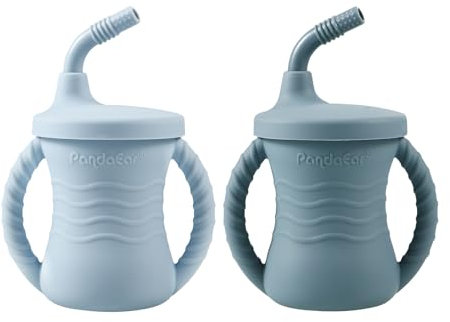 PandaEar Gobelets d'Apprentissage en Silicone, Lot de 2 Tasses d'Apprentissage pour Bébé avec Poignées et Paille, pour Bébé et Tout-Petit de 6 Mois et Plus, Bleu