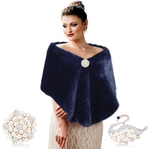 Jadive Damen Kunstpelz Schal Kunstfell Stola Braut Hochzeit Winter Stola mit 2 Strass Broschen (Marineblau)