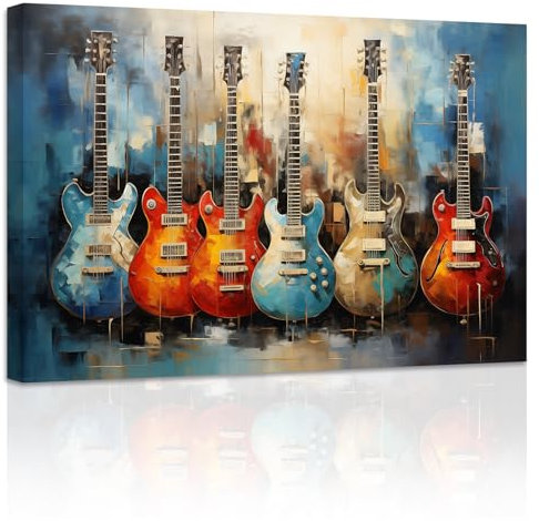 ZXHYWYM Gitarren Leinwandbilder abstrakte blaue Gitarrenmalerei Drucke musikalisches Thema Bild für Konzerthaus Bar Wanddekoration Gerahmt (Bild-1, (60.00 x 90.00 cms))