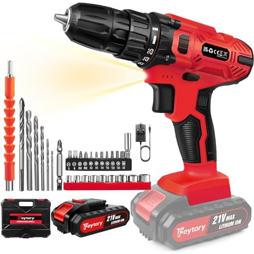 21V Akkuschrauber,Akku-bohrschrauber mit 1x2000mAh Akku,45 N.m akku bohrmaschine,Drehmoment 25+1 Stufen,2 Geschwindigkeitsstufen variabel, LED-Licht,29tl,geeignet für DIY-Projekte Zubehörset