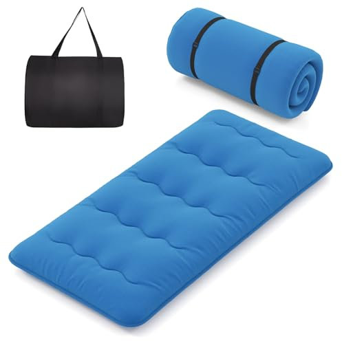 COSTWAY Japanische Futon Matratze, Tatami-Matte, Bodenmatratze, Klappmatratze mit waschbarem Bezug, Faltbare Schlafmatte mit Tragetasche (Blau, 90 x 200 cm)
