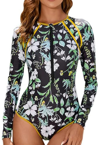 Badeanzug Damen, Perioden Bademode Zum Schwimmen Badeanzug Große Größe Badeanzug Mit Schwimmhilfe Bauchweg Shaping Surf Bademode Langarm Reißverschluss Badeanzüge Damen Sommer (A02,L)