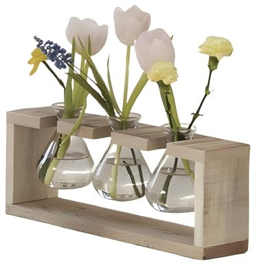 Dekoleidenschaft Vasenhalter Wood aus recyceltem Holz mit 3 Glasvasen, Tischdeko, Vasenständer mit kleinen Blumenvasen, Tischvase, Glaskolben, Vasen-Set, Minivasen