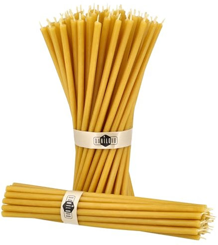 Danilovo Bougies en Cire d'Abeille Pure, Bougies Naturelles pour la Prière à l'Eglise, Rituales, la Méditation, Décoration pour le Gâteau d'Anniversaire, 18,5 cm de long, Lot de 50 (Jaune)