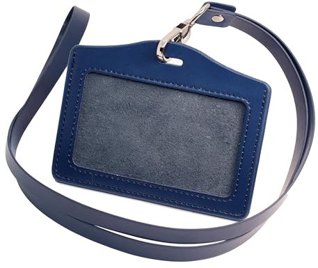 BAWAKO Porta badge in vera pelle, porta badge in pelle resistente, con cinturino in pelle PU (blu, H)