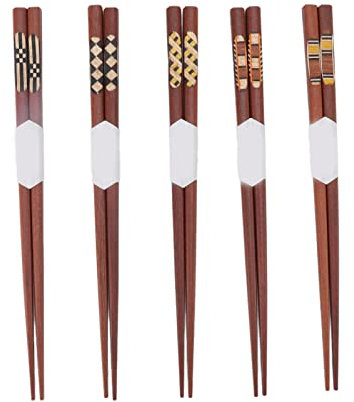 5 Pares de Palillos, Juego de Palillos Portátiles, Palillos de Madera de Sándalo Rojo, Patrón Ranurado, Reutilizable