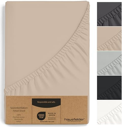 Hausfelder Spannbettlaken Boxspringbett 90x200 bis 100x200 cm, bis 40 cm Matratzenhöhe, Jersey Baumwolle Bettlaken Spannbetttuch, 90x200cm bis 100x200cm Boxspringbetten Matratzen, Beige