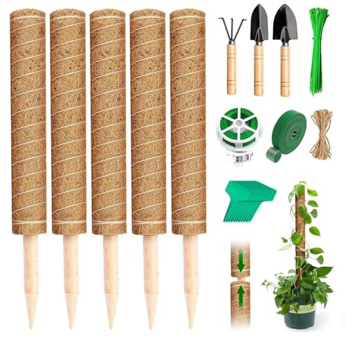 KIMIGO Tuteur Coco,Ensemble de Tuteur Plante Grimpante – avec 5 Tuteurs en Coco de 42 cm,Divers Accessoires tels Que Cordes,étiquettes de Plantes et pelles.Support Naturel pour Plantes grimpantes
