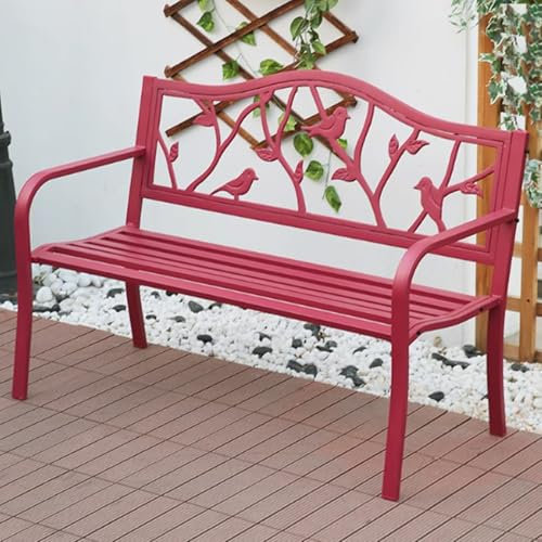WPWSDWMX Rote Metallbank für die Terrasse, Bank mit Stahlrahmen, Rückenlehne und Armlehnen, 130 X 60 X 90 cm, Lattenbänke, Sitzbank für 2–3 Personen für Veranda, Hinterhof, Rasen