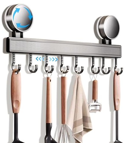 MosQler Hakenleiste Küche ohne Bohren mit Saugnapf | 8 Haken, 40 cm lang, 20 kg Tragfähigkeit, 1-Minuten-Installation | Abnehmbare rostfreie hakenleiste für Küchenutensilien 