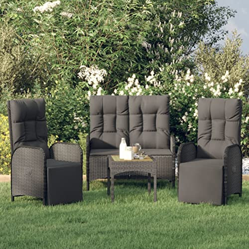 IKAYAA Gartenmöbel Set für 4 Personen mit 2er Sofa, 2 Stühle Verstellbare Rückenlehne, Terrassenmöbel Set Schwarz Sitzgruppe Polyrattan Gartenbank, Bank + 2X Sessel