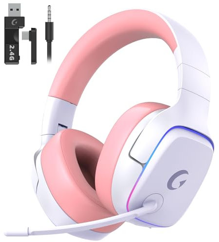 Wireless Gaming Headset, Gaming headphone for PS4 PS5 PC Switch Mac, 2.4GHz USB Wireless Headset with Microphone Noise Reduction, Bluetooth 5.3, 7.1 Surround Sound, 70H Battery, RGB Light Up-Pink