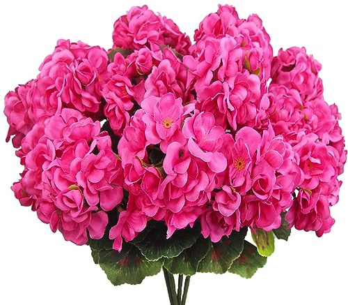 CEWUDA 4 Pcs Artificial Geraniums Silk Flowers Outdoor Artificial Geranium Bush Rose Red Faux Flowers Geraniums for Floral Home Decor Outdoor Indoor Garden Patio Grave Cemetary Vase Table Centerpiece