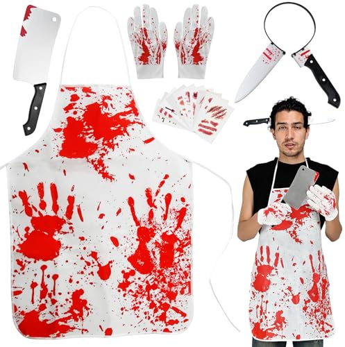 Smlper Costume macellaio pour Halloween, set horror macellaio pour Halloween, grembiule insanguinato da uomo in accessorio per capelli, coltello di scena, tatouage avec cicatrices du zombie