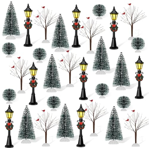 KVCSYAW Lot de 32 figurines de Noël - Accessoires de village - Mini modèles de réverbère avec arbres à brosse - Lampadaires miniatures de Noël pour allée de Noël - Lanterne pour bricolage de micro