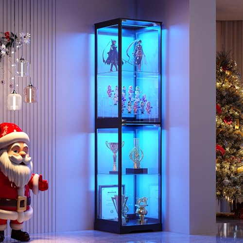 FREDEES Vitrine mit 3-LED Leuchten und Human Body Sensor, 65 Zoll hohe 4-stöckige und Glasvitrine mit Türen, Bücherregal für Sammlerstücke, schwarz