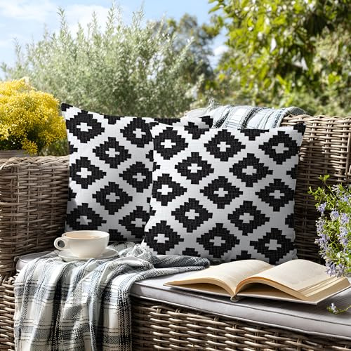 Gnoxaris Outdoor Kissenbezug Wasserfest Outdoor Kissen Wetterfest Dekorative Gartenkissen 45x45 cm Schwarz-Weiß Geometrie Wasserdicht Kissenbezüge 2er Set für Garten Sofa Wohnzimmer Bett