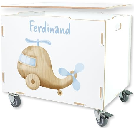 Personaliserte Holzbox Helikopter Wunsch-Name 33x45.5x34.5cm + 6cm Räder | Kisten für Kinder mit Text oder Namen personalisiert, Spielzeugkiste für Jungen, große Rollkiste aus Holz für Spielzeug