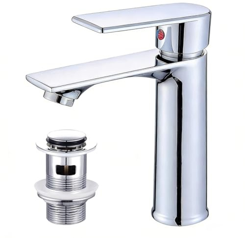 Basin Mixer Tap – Bathroom Faucet with Dual Hot & Cold Controls, Chrome Stainless Steel, Rust-Resistant, Bathroom Sink Tap with Hoses G1/2'' Modern Round Cloakroom Faucet with Click Clack Plug Waste