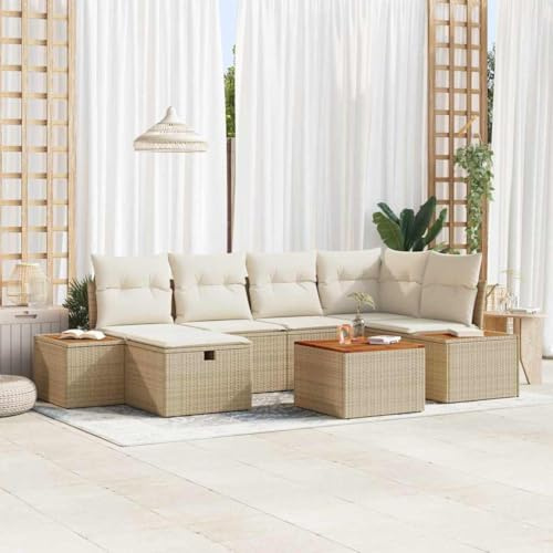 Holamys Garten-Sofa-Set 7-teilig, Beige Poly-Rattan, mit Kissen, Stauraum, höhenverstellbarem Gartentisch, modular, wetterfestes Outdoor Möbel Sitzgruppe für Terrasse