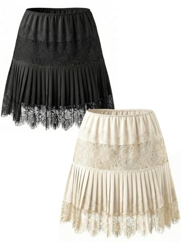 Women's Lace Mini Low Rise Pleated Ruffle Half Slip Skirt Y2K Casual Elastic Layered Trim Short Skirts Underskirt(Black and Beige M)