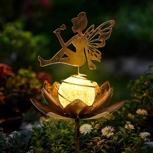 GIGALUMI Solarleuchten Lotus Fee Außen Garten, Solarleuchten Crackle Glass Ball Stake Metall Garten Ornamente Outdoor Wasserdicht für Hof, Weg und Terrasse