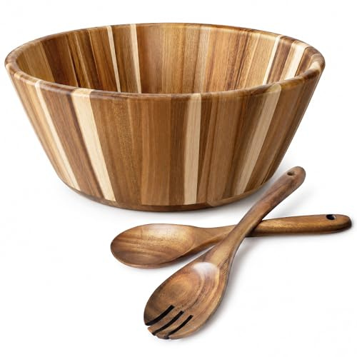 Wooden Salad Bowl, 12'' Acacia Wood Fruit Bowl Set Big Salad Serving Bowl with Serving Utensils