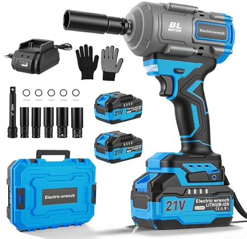 1200N.m Llave De Impacto con 8000mAh Baterías, 1/2 Pistola De Impacto Electrica para Coches Camiones,con 5Enchufes, Barra de extensión de 5,Atornillador de Impacto Giratorio Para Coche (Azul)