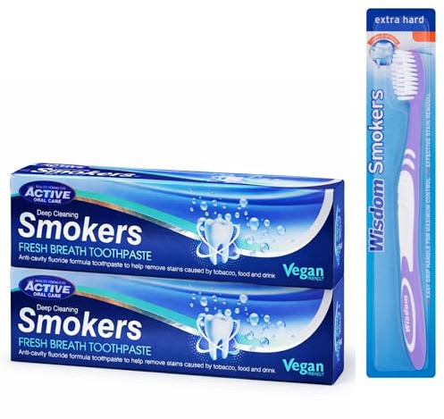 Beauty Formulas Active Smokers Toothpaste 100ml x2 + Toothbrush, Whitening Toothpaste for Smokers, Stain Removal, Fresh Breath, Fluoride Anti-Cavity Toothpaste Pack