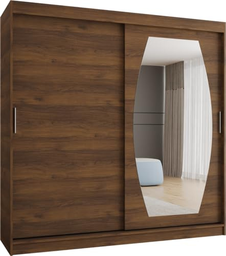 Kryspol - Kleiderschrank mit Spiegel - Schwebetürenschrank - Kleiderschrank 200 cm Breit x 200cm(H) x 62cm(T), 2 Türen, Laminierte Möbelplatte, Rossa 200, Nussbaum Warmia, Griff: Silber