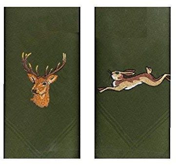 Zwei 40cm Quadrat Baumwolle Bestickt Grün Taschentücher mit Hirschkopf auf One And A Laufen Hase auf die Andere
