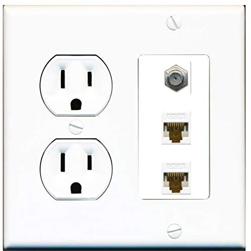 Presa di alimentazione rotonda, 15 Amp, 2 porte, Cat6, Ethernet 1 cavo coassiale TV, piastra da parete bianca