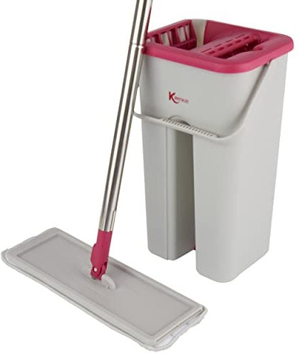 Kleeneze KL062253EU Juego De Mopa Y Cubo, Mopa Con Cabezal Plana Para Ahorrar Espacio, Incluye Un Rascador Para Eliminar Suciedades, Fregona Compacto Para Una Solución De Almacenamiento Fácil