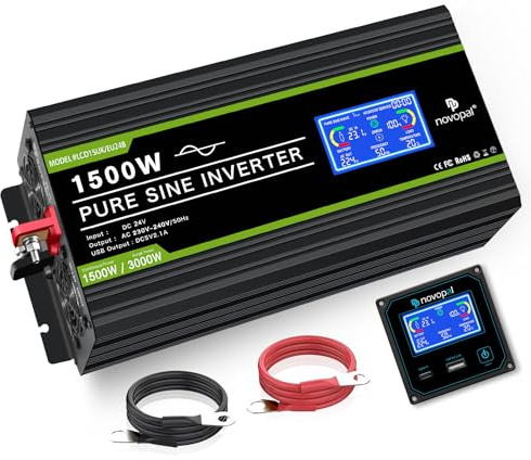 NOVOPAL 1500W/3000W inversor 24v 220v Onda Pura Transformador de Voltaje | Inverter con Pantalla-Multifunción, 5M LCD-Mando & 5V 2.4A USB Puerto, 2 Tomas EU para Coch, Caravanas, Camping, Camion