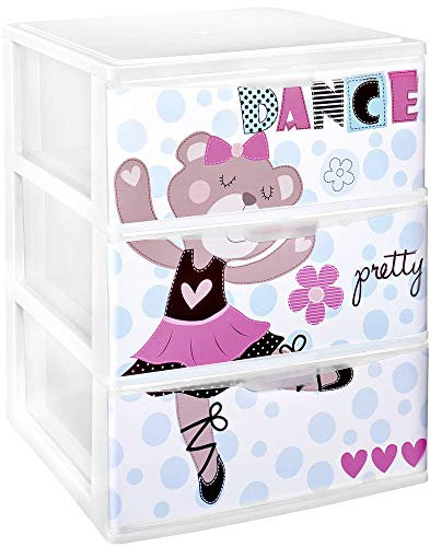 Commode en plastique 3 tiroirs Ours rose - Organisateur de rangement vêtements chambre bureau - 37 x 38 x 47 cm - Montage facile - COM-FORT HOUSE