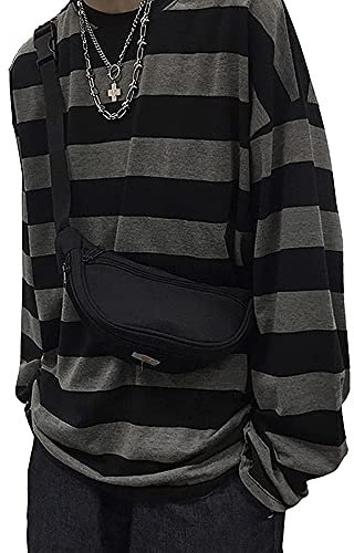 Striped Crewneck Long-Sleeve T-Shirt Alt Pullover Emo Shirt Punk Japanese Harajuku Streetwear, Gray, L