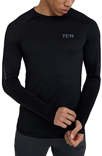 TCA Men's Stamina Long Sleeve Reflective Lightweight Running Workout Training Gym Top with Thumb Holes - Black Stealth, L