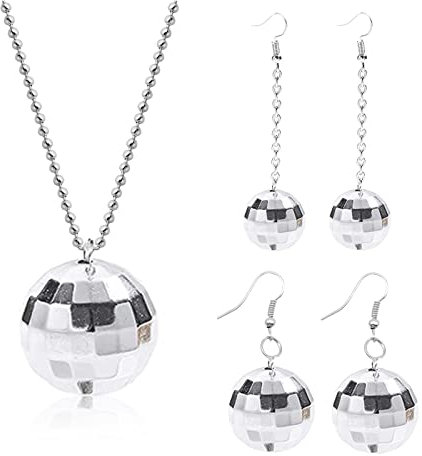 Ymimanchil Discokugel-Ohrringe für Damen, 60er oder 70er Jahre, Discokugel-Halskette, Discospiegelkugel-Ohrringe, Halloween-Party-Ohrringe, Kostümzubehör (A: Discokugel-Halsketten-Ohrringe)