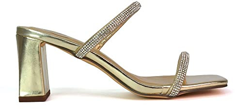 Womens Sparkly Diamante Double Strap Sandals Ladies Gold Block Heel Slip On Mule Shoes Size 7