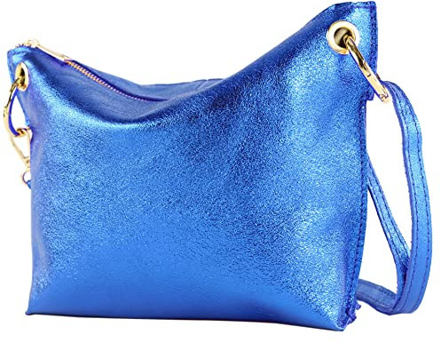 modamoda de - T243 - ital. Umhängetasche Klein Small aus Leder, Farbe:Blau-Metallic