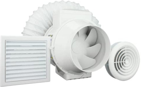 Powerful Inline Bathroom Fan Kit with Run-On Timer For Large Bathroom. 100mm dia Vent Covers With Fly Mesh and flex ducting Fan Kit Loft Mounted Kitchen