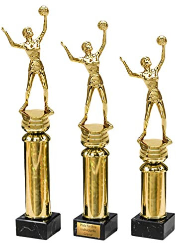 eberin · Volleyball Pokal mit Wunschtext · Volleyballspielerin auf Goldsäule/Marmor · Damen Volleyball Pokal in 3 Größen erhältlich · (33,4 cm)