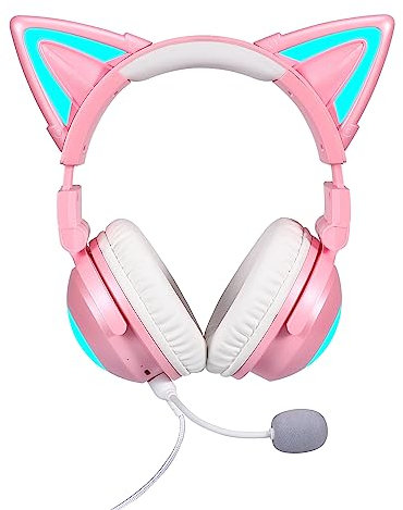 Axent Wear Specially Wireless Cat Ear Headphones (12 Color Changing) With Connectable Attachable HD Mic & Mic mute button, 3.5mm Jack, Gaming for PS4, PS5, Xbox One, PC, Phone (Pink)