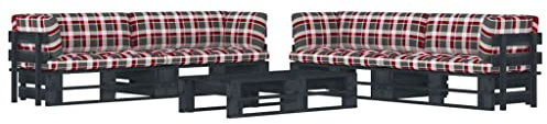 Festnight Lounge Gartenmöbel Set Paletten 6-TLG,Lounge-Set Holz Paletten Schwarz,Gartensofa-Set Holz,Ecksofa Paletten,Terrassenmöbel Lounge mit Rotes Karomuster Kissen (4X Eckteil + 2X Tisch)