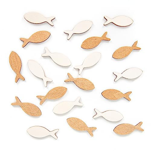 Logbuch-Verlag 20 kleine Fische Holz Deko 4 cm mini Holzfische zum Basteln Tischdeko Streuartikel Kommunion Taufe weiß Natur